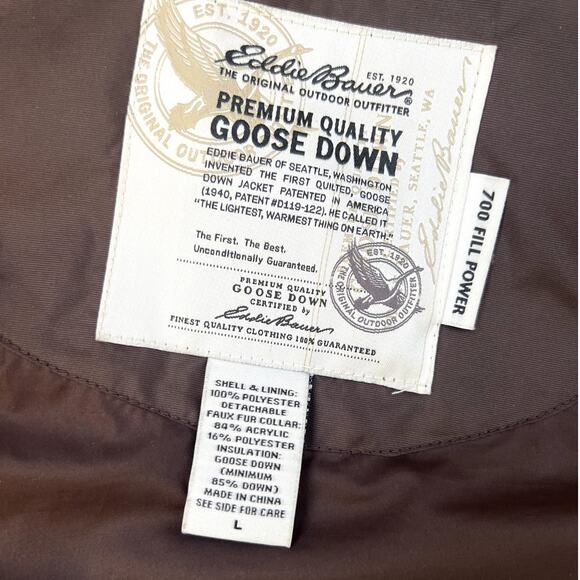 Eddie Bauer Goose Down detachable faux fur collar Puffer vest, brown, women's L - Picture 4 of 10